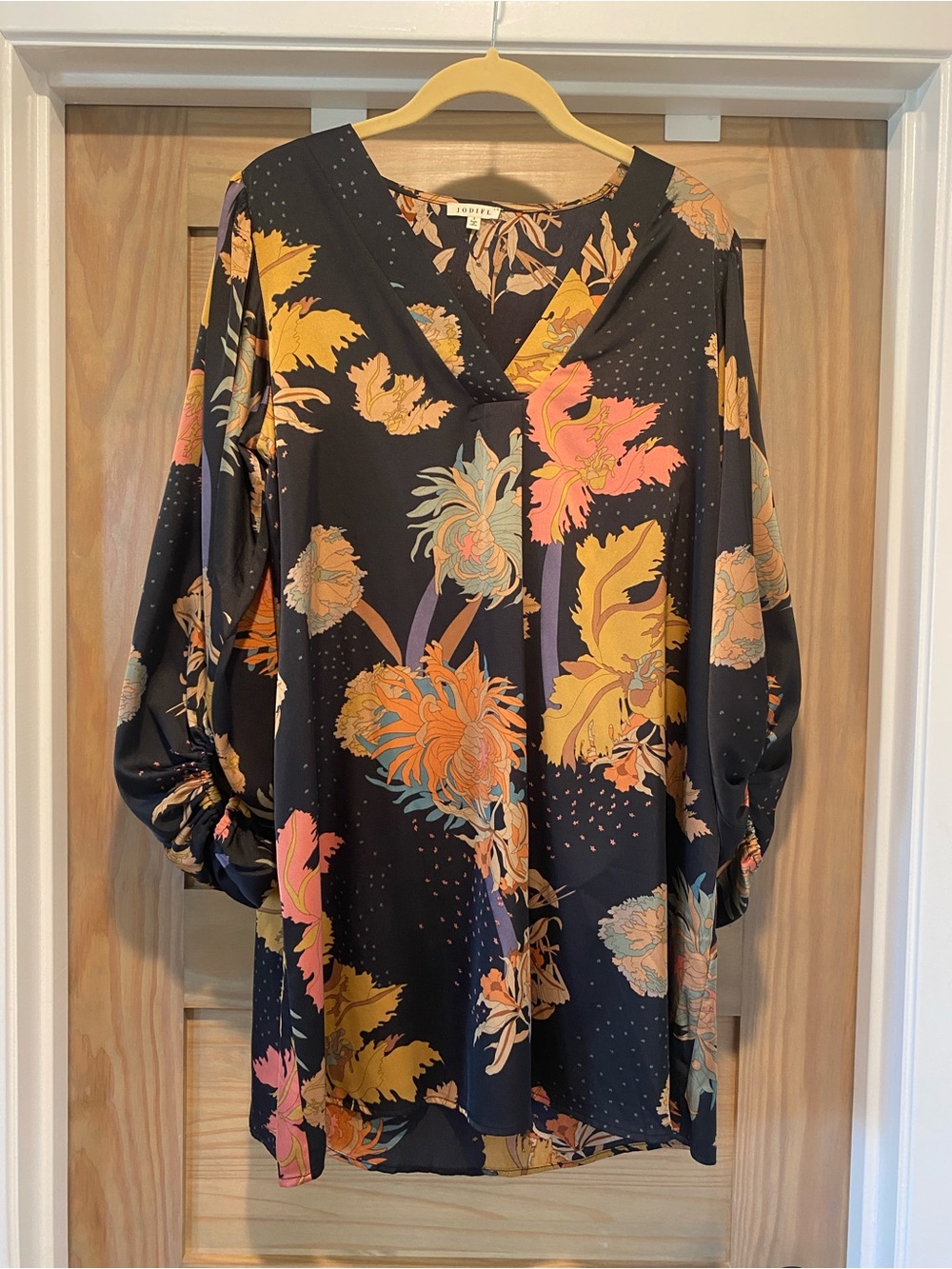 JODIFL Black Floral V-Neck Tunic with Mustard and Coral Accents